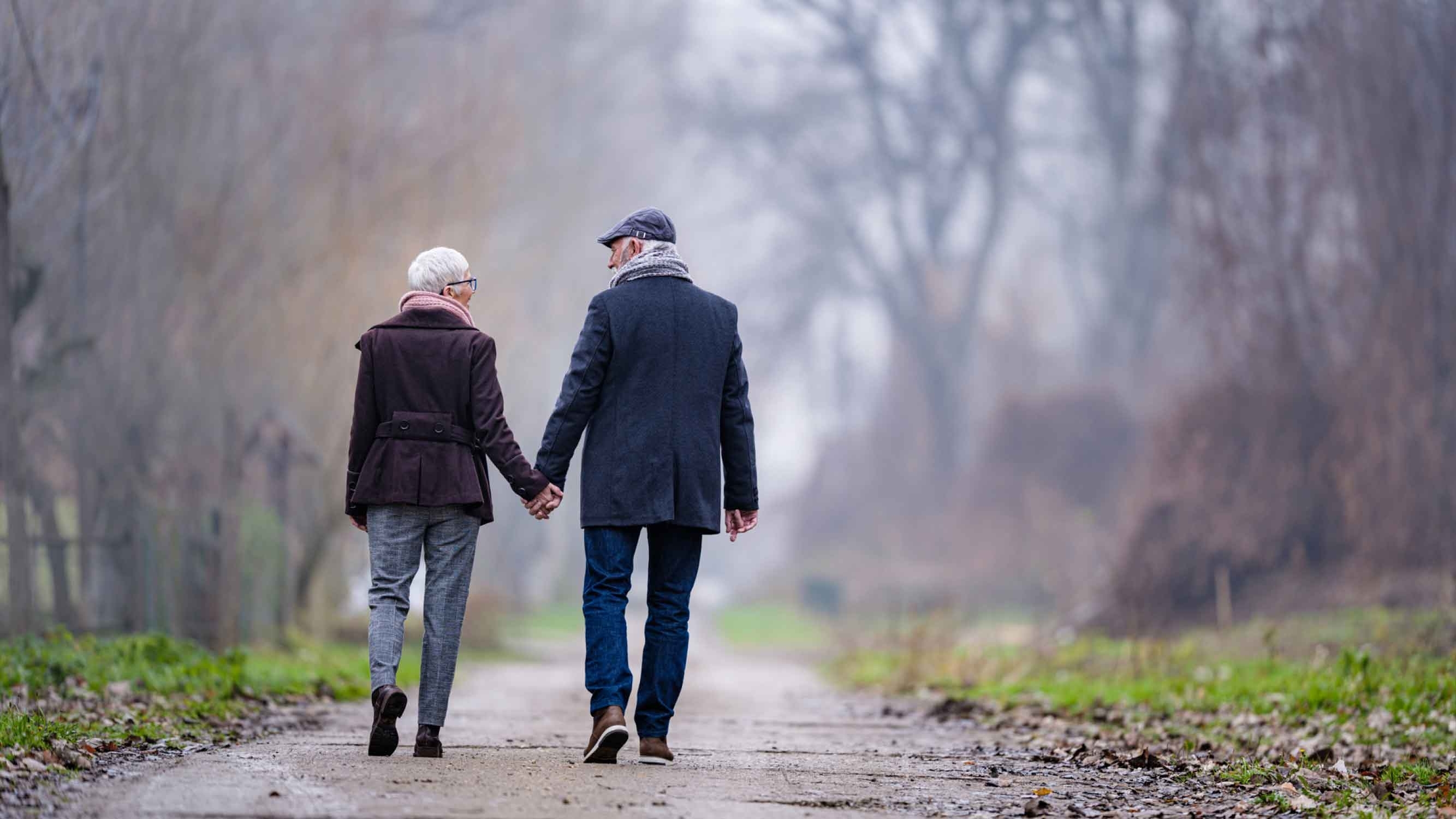 Happy older couple walking