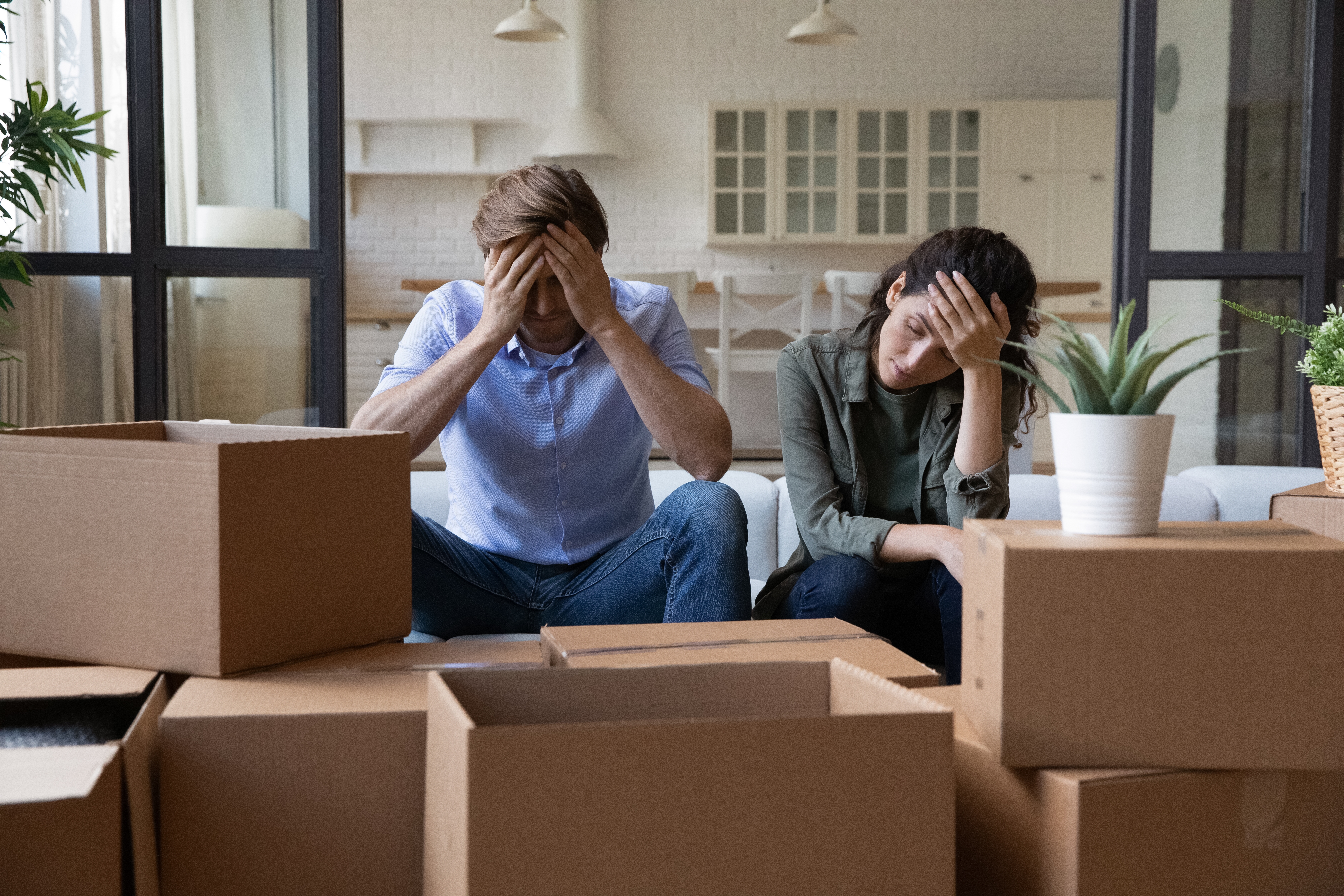 Packed moving boxes, child looking out car window, new school hallway